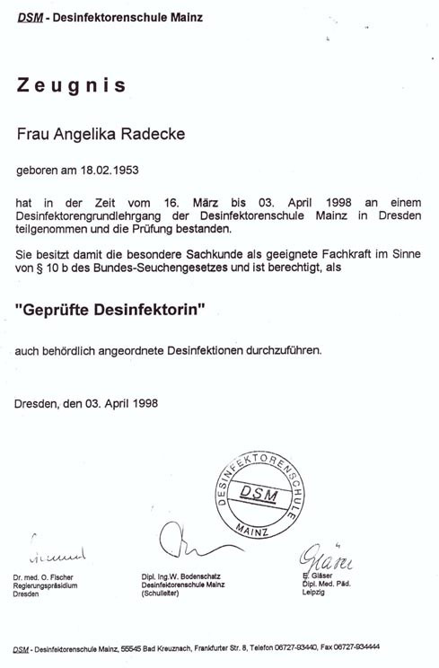 Zeugnis Desinfektionsschutz